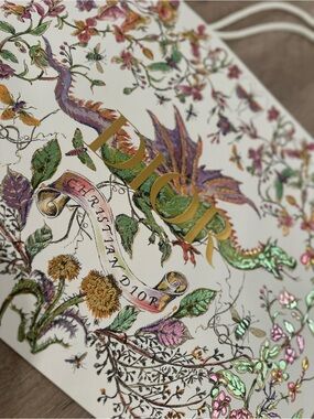 ✨ Authentic Christian Dior White Gold Floral Green Dragon Shopping Bag Rare 🐉 ✨